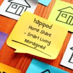 a selection of multi coloured post it notes on a wooden table with most of them having a basic house drawn on them except the central one which has the words hapipod home share - smart living reimagined on it