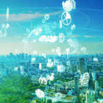City scape with sustainable living icons overlayed
