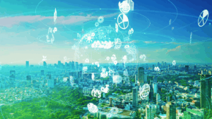 City scape with sustainable living icons overlayed