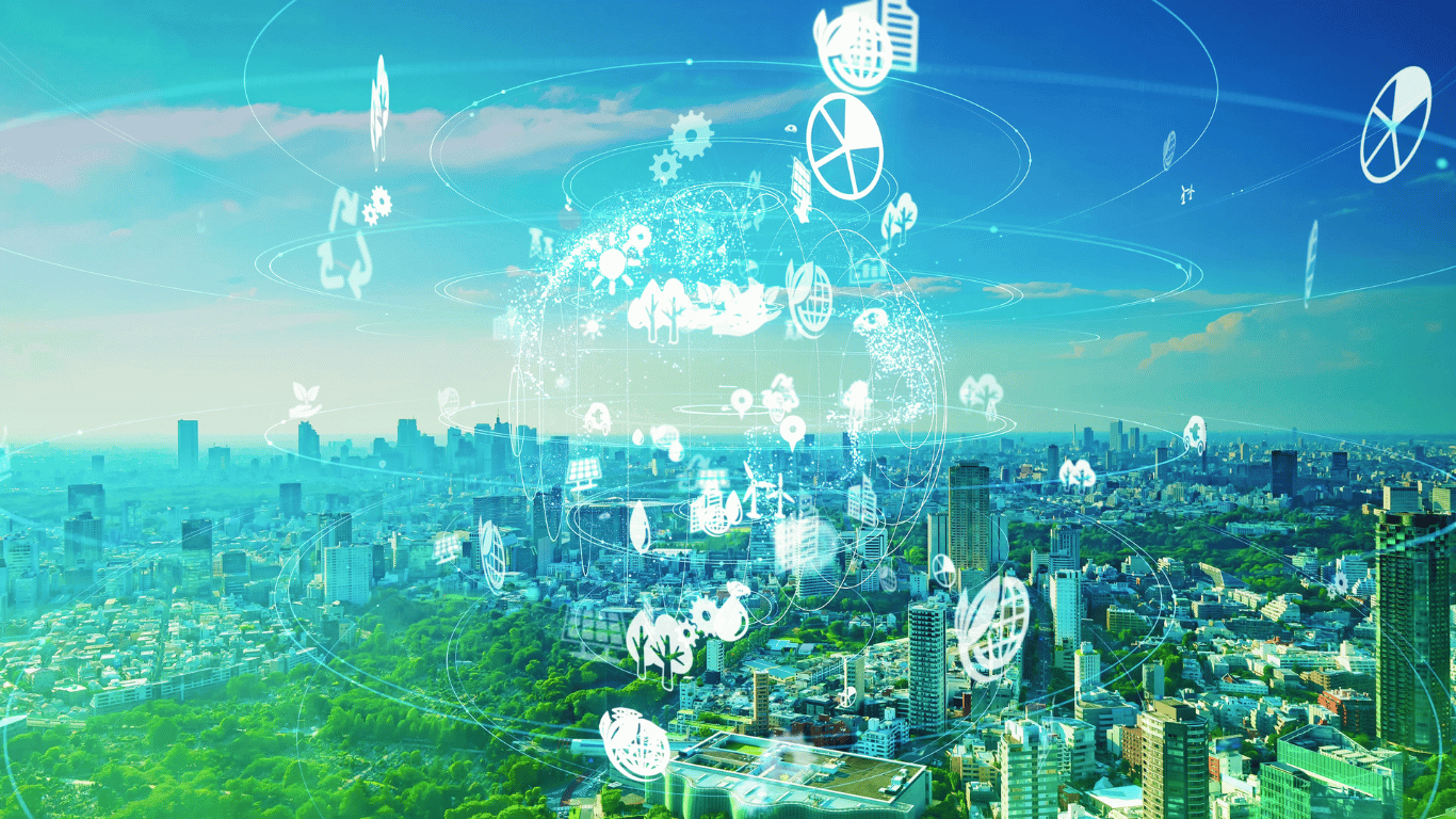 City scape with sustainable living icons overlayed