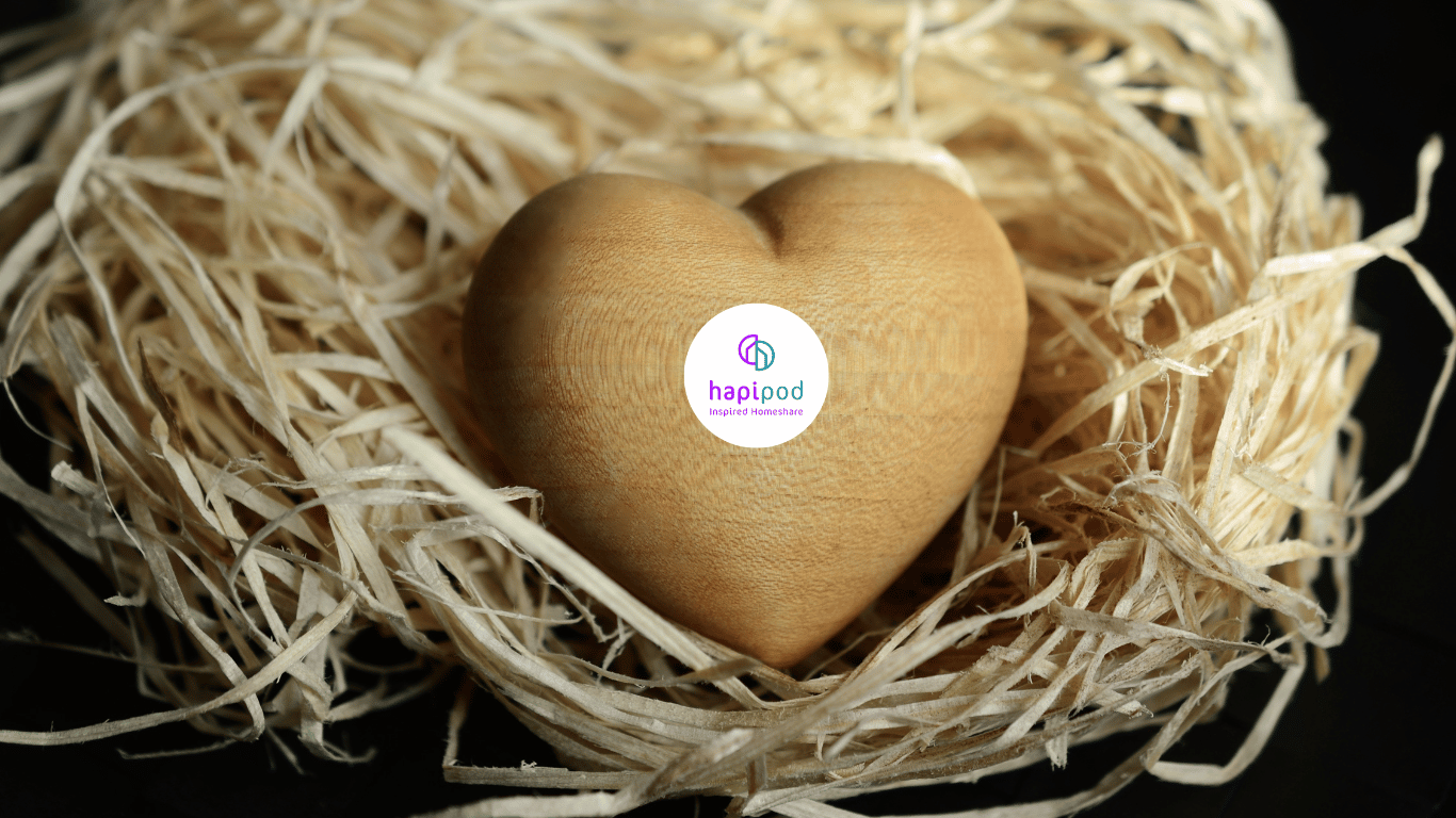 wooden heart in an empty nest with the hapipod logo in the centre
