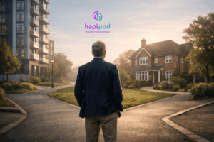 Person thinking about hapipod.com or the option to downsize his family home at a cross roads